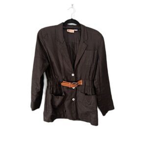 Vintage Liz Claiborne 100% linen black 3 button blazer with built in belt 10